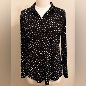 Jones New York Black White Polka Dot SZ L Contemporary Preppy Smart Casual Top